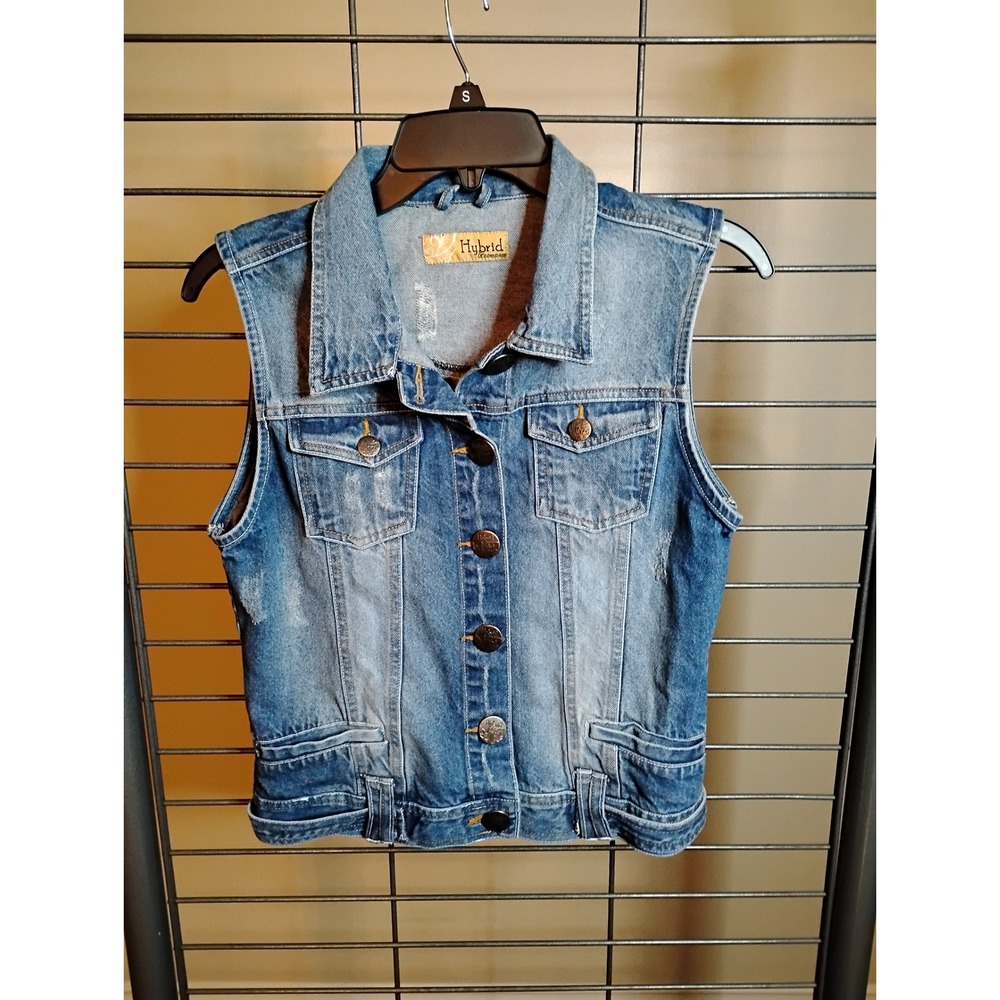 Hybrid & Company Womens Medium Wash Distressed Denim Vest Size M Cotton